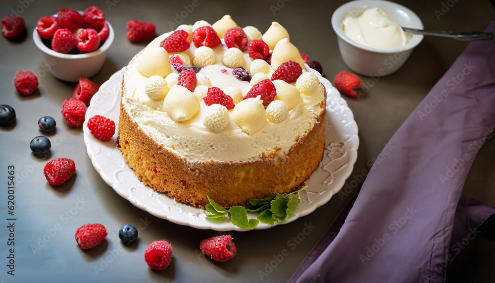 Chiffon cake with summer berries and cream. Chiffon cake with summer berries and cream.