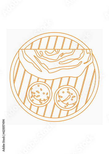 Editable Top View Outline Style Style Indian Masala Dosa With Chutney and Sambar on Plate Vector Illustration for Artwork of Cuisine Related Design With South Asian Culture and Tradition