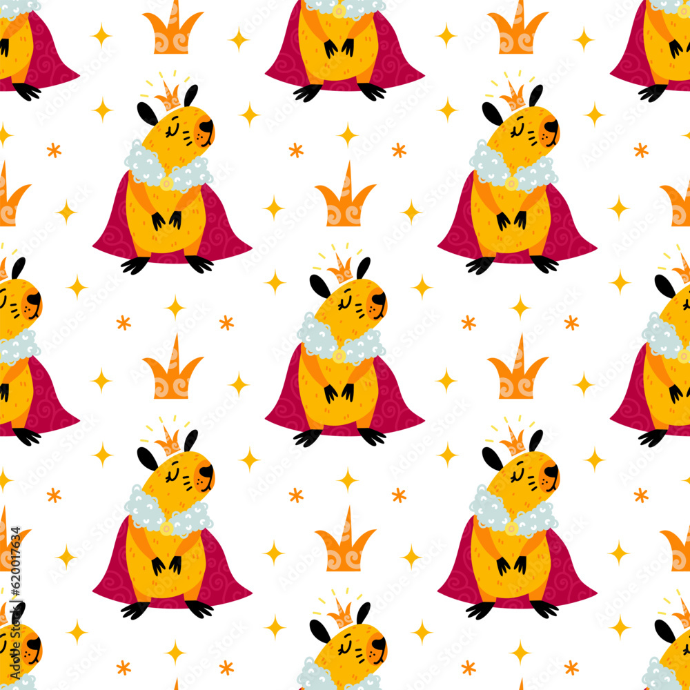 Obraz premium Cute fluffy capybara seamless vector pattern. Pretty pet with crown, royal mantle. Exotic animal, tropical rodent. Flat cartoon illustration. Bright baby background for posters, print, wallpaper, web