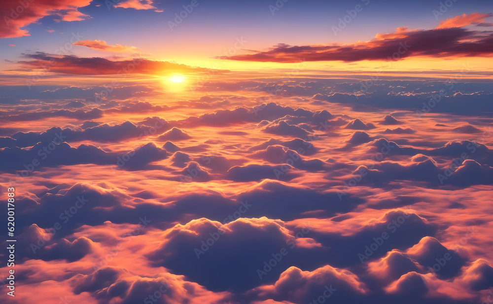 Aerial sunset view over the clouds, 3D rendering, AI Generative