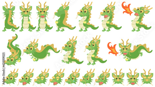 かわいい龍のキャラクター。フラットなベクターイラストセット。 Cute dragon character. Flat designed vector illustration set.