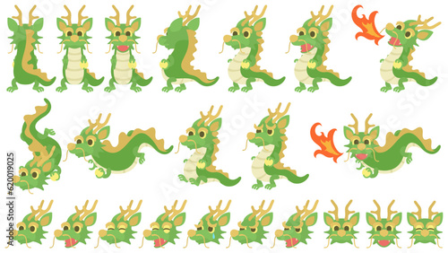 かわいい龍のキャラクター。フラットなベクターイラストセット。
Cute dragon character. Flat designed vector illustration set.