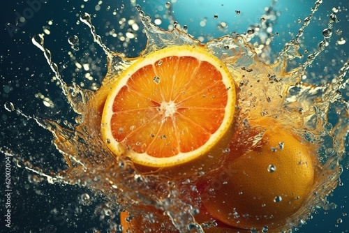 Delicious orange juice splash  isolated on blue background