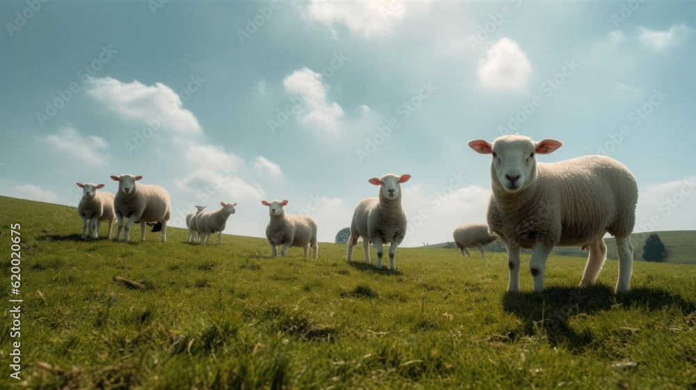 Obraz premium Flock of sheep on a green meadow on a sunny day, Generative AI