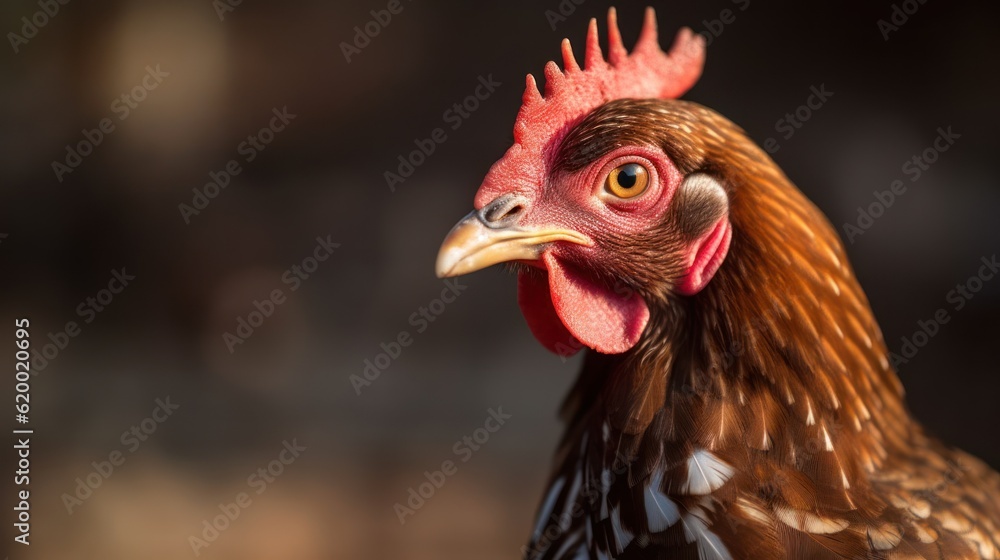 Portrait of a chicken on the farm, close-up, Generative AI