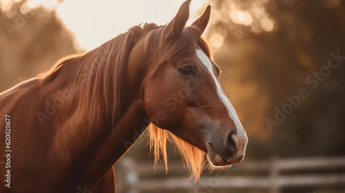 Portrait of a chestnut horse in the paddock at sunset, Generative AI