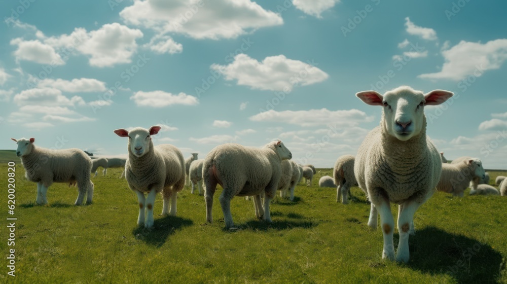 Flock of sheep on a green meadow on a sunny day, Generative AI Flock of sheep on a green meadow on a sunny day, Generative AI