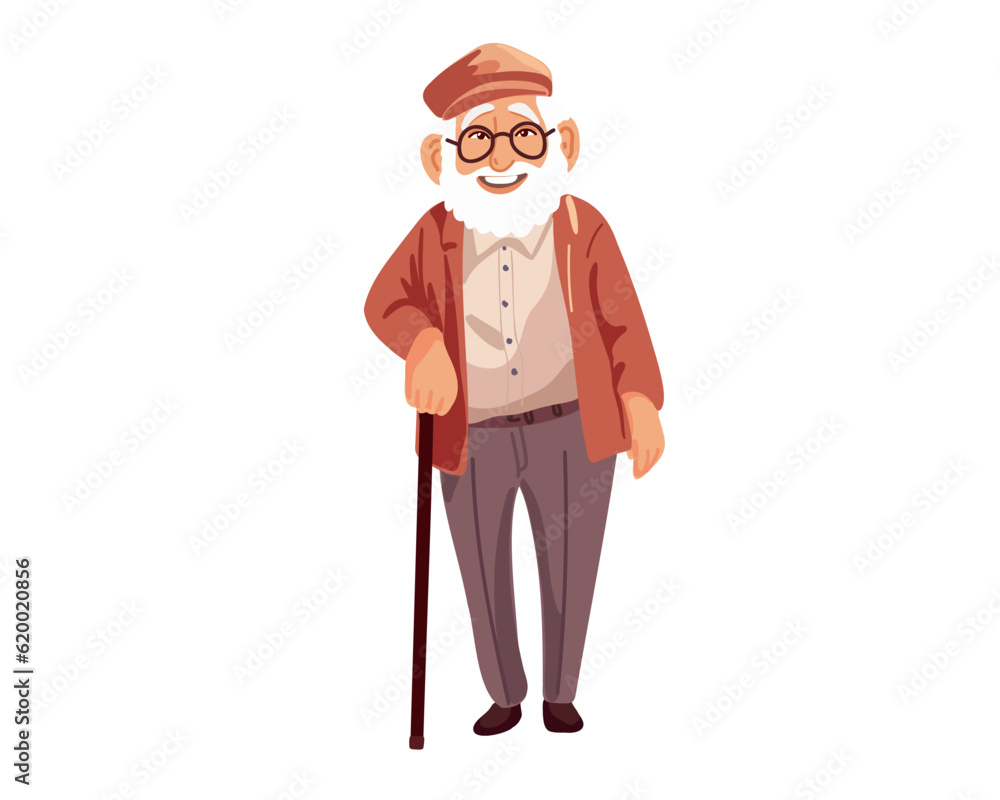 Happy elderly man in glasses with a cane, cartoon vector illustration Happy elderly man in glasses with a cane, cartoon vector illustration