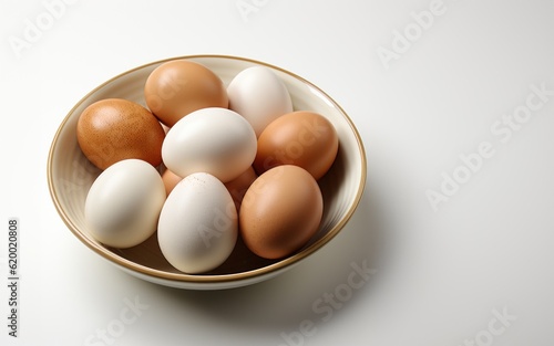 Close up of white and brown eggs in a bowl on white background, Generative AI