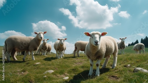 Flock of sheep on a green meadow on a sunny day, Generative AI