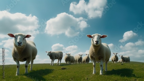 Flock of sheep on a green meadow on a sunny day, Generative AI