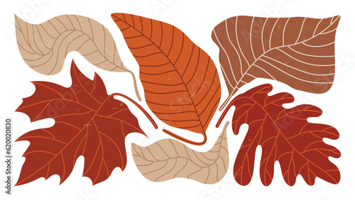 Abstract art autumn background vector. Botanic fall season hand drawn pattern design with oak, maple leaves. Simple contemporary style illustrated Design for fabric, print, cover, banner, wallpaper.