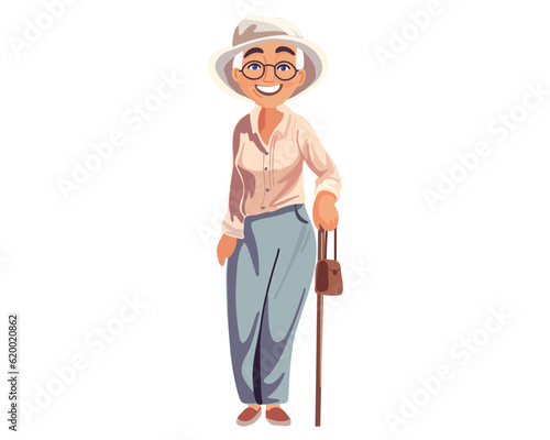 Happy elegant elderly woman in glasses, hat and with a cane, cartoon vector illustration