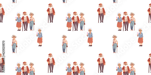Seamless pattern with happy elegant elderly people, cartoon vector illustration