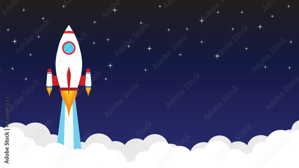 Flat style rocket launch in the night sky flying over clouds. Space ship in smoke clouds. Business and Start up with copy space concept template