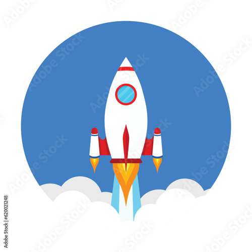 flat style rocket launch in the sky flying over clouds. Space ship in smoke clouds. Business and Start up with copy space concept template