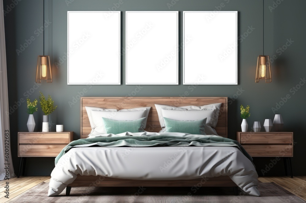 Fototapeta premium Mock up poster frame in bedroom interior background, Generative AI