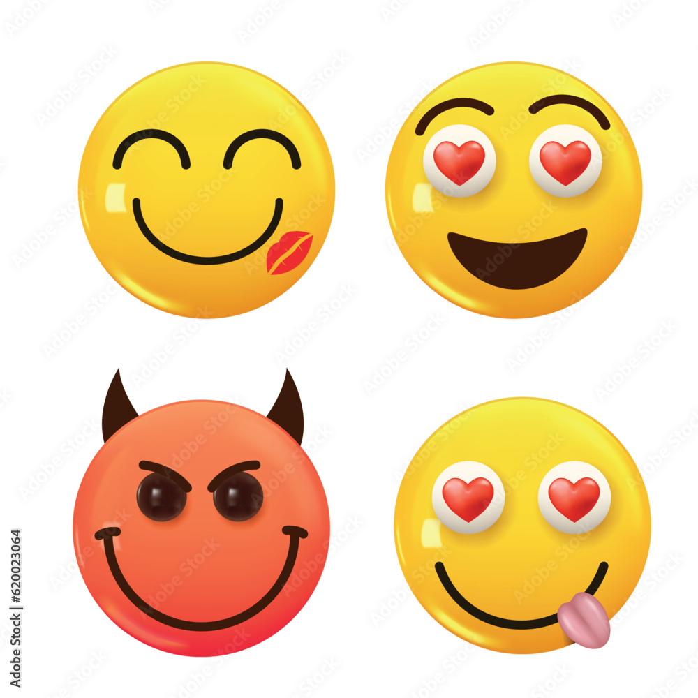 Fototapeta premium Set of 3d icon yellow color smile emoji. Set Icon Smile Emoji. Vector