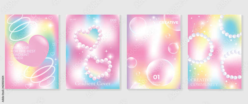 Idol lover posters set. Cute gradient holographic background vector with 3d heart, pearl heart shapes, bubble. sparkle. Y2k trendy wallpaper design for social media, cards, banner, flyer, brochure. - obrazy, fototapety, plakaty 