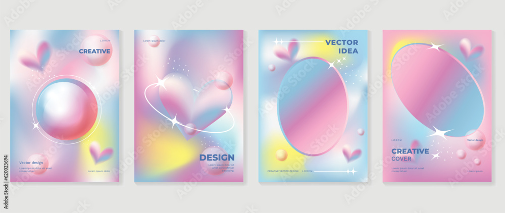 Idol lover posters set. Cute gradient holographic background vector with pastel colors, 3d heart, bubble, sparkle, circle. Y2k trendy wallpaper design for social media, cards, banner, flyer, brochure.