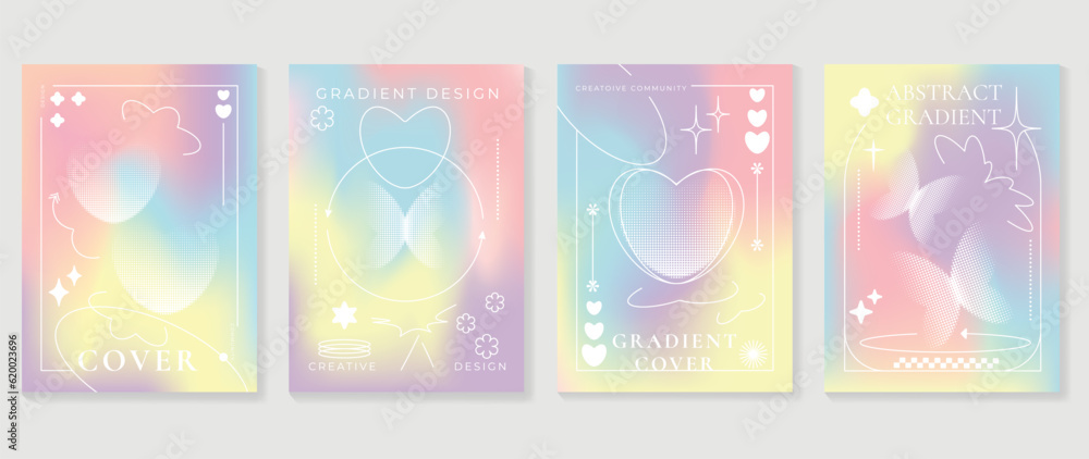 Idol lover posters set. Cute gradient holographic background vector with pastel colors, butterflies, heart, halftone. Y2k trendy wallpaper design for social media, cards, banner, flyer, brochure.