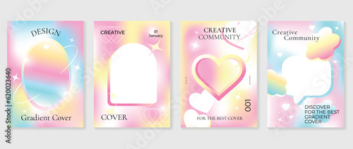 Idol lover posters set. Cute gradient holographic background vector with pastel color, heart, flower, sparkles, star. Y2k trendy wallpaper design for social media, cards, banner, flyer, brochure. © TWINS DESIGN STUDIO
