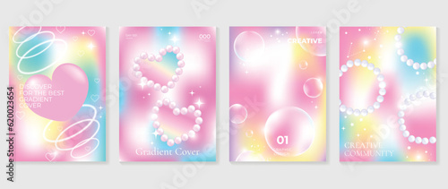 Idol lover posters set. Cute gradient holographic background vector with 3d heart, pearl heart shapes, bubble. sparkle. Y2k trendy wallpaper design for social media, cards, banner, flyer, brochure.