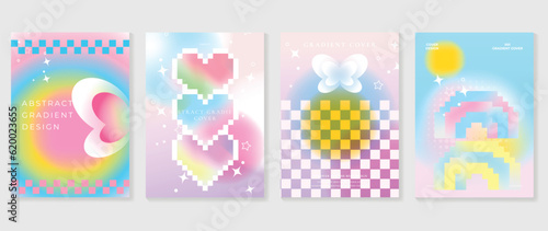 Idol lover posters set. Cute gradient holographic background vector with heart pixel, star, butterflies, halftone. Y2k trendy wallpaper design for social media, cards, banner, flyer, brochure.