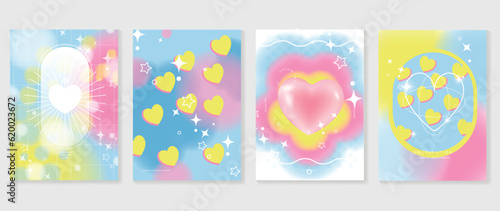 Idol lover posters set. Cute gradient holographic background vector with heart bubble, 3d heart, star, halftone. Y2k trendy wallpaper design for social media, cards, banner, flyer, brochure.