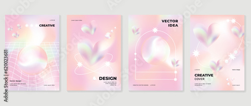 Idol lover posters set. Cute gradient holographic background vector with pastel colors, 3d heart, bubble, sparkle, circle. Y2k trendy wallpaper design for social media, cards, banner, flyer, brochure.