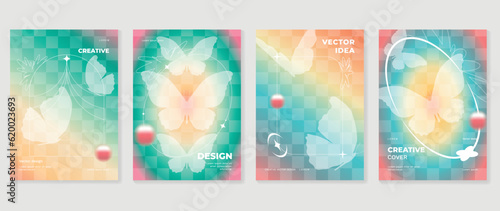 Idol lover posters set. Cute gradient holographic background vector with pastel colors, butterflies, pixel, halftone. Y2k trendy wallpaper design for social media, cards, banner, flyer, brochure.