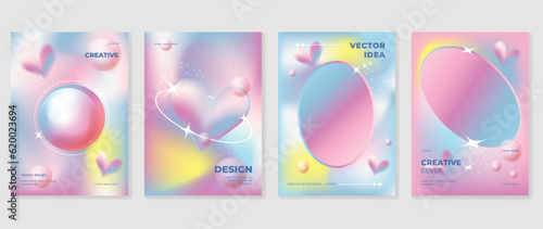 Idol lover posters set. Cute gradient holographic background vector with pastel colors, 3d heart, bubble, sparkle, circle. Y2k trendy wallpaper design for social media, cards, banner, flyer, brochure.