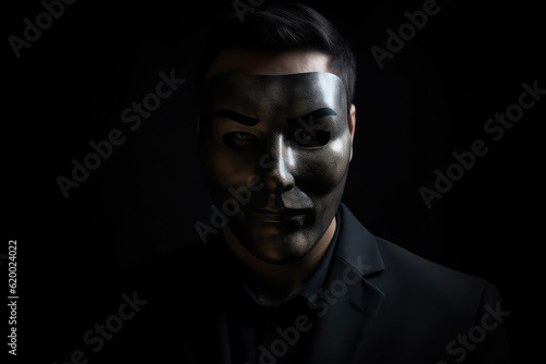 Concept of a liar, a man in a suit wearing black mask. Hiding his true identity, intentions, or actions. The sense of manipulation. A powerful representation of dishonesty and deception, generative AI
