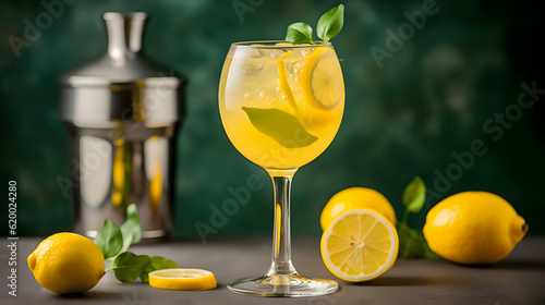 Homemade Limoncello spritz drink of liqueur, sparkling wine and lemon in cocktail glass photo