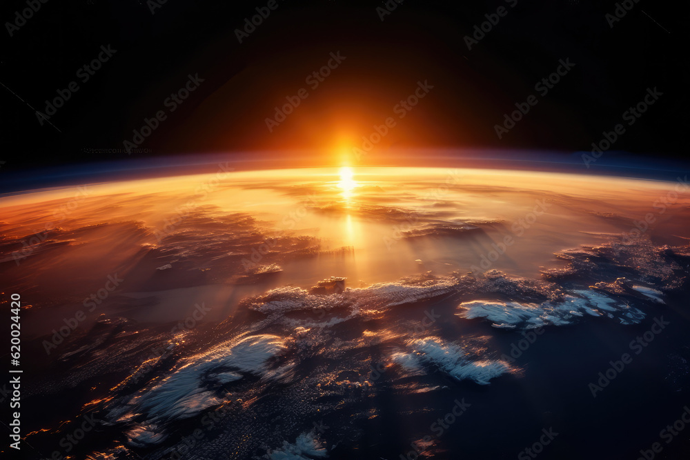 Inspiring view of sunrise as seen from Earth's orbit in space. This image captures the breathtaking spectacle of the sun's golden rays illuminating the curvature of our planet, generative AI