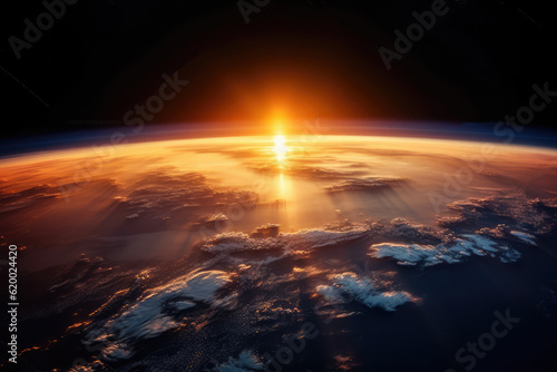 Inspiring view of sunrise as seen from Earth's orbit in space. This image captures the breathtaking spectacle of the sun's golden rays illuminating the curvature of our planet, generative AI