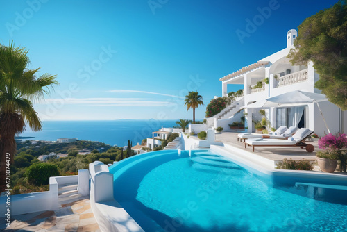 Traditional mediterranean house with infinity pool. Vacation destination overlooking a coastal view © Brandon