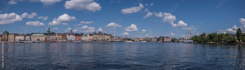 Panorama of the bay Strömmen, the old town Gamla Stan, a sunny summer day in Stockholm