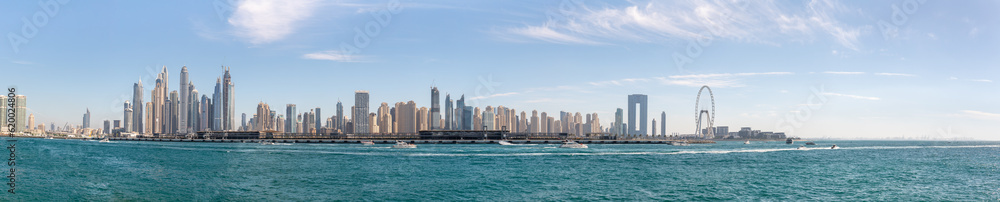 View from the window of the tourist bus to the architecture on Palm Jumeirah island in Dubai city, United Arab Emirates View from the window of the tourist bus to the architecture on Palm Jumeirah island in Dubai city, United Arab Emirates