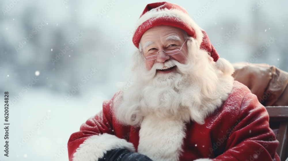 Happy and cheerful Santa Claus standing by a sleighs in North Pole. Happy and cheerful Santa Claus standing by a sleighs in North Pole.