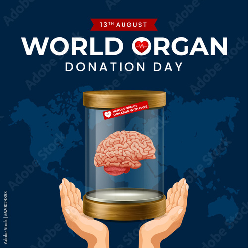 World organ donation day with brain for transplantation, saving lives, social network post, artwork, print, doodle, vector illustration (Vector)