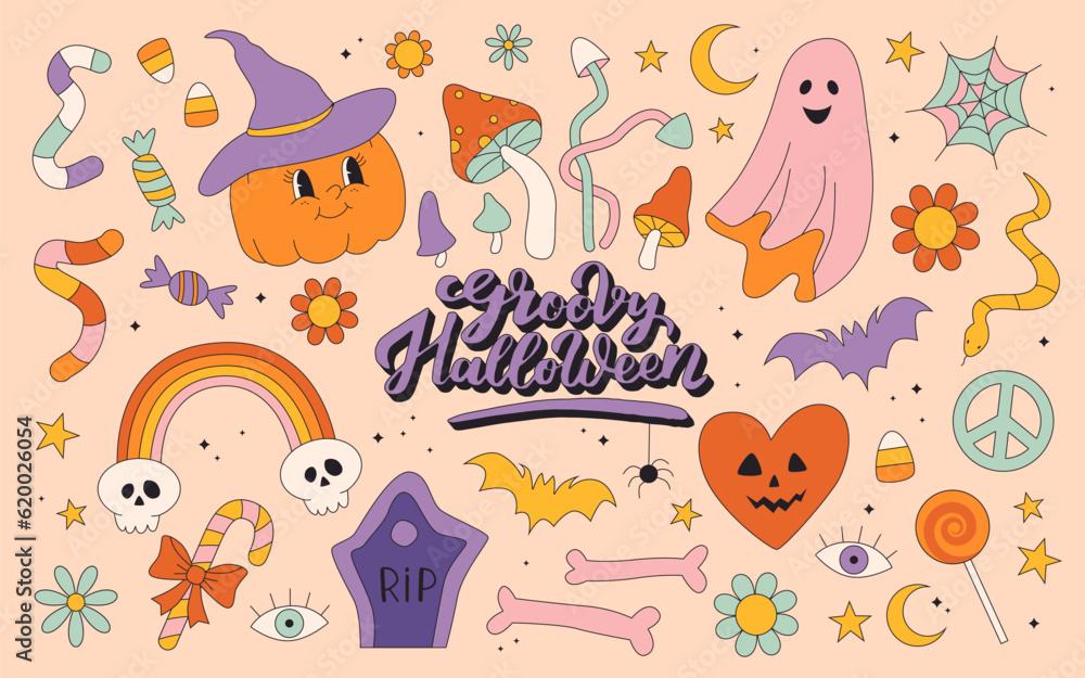 Retro 70s 60s Hippie Groovy Halloween set. Funny spooky ghost pumpkin flower hippy emotional elements print collection. Vector contour hand drawn illustration. Retro 70s 60s Hippie Groovy Halloween set. Funny spooky ghost pumpkin flower hippy emotional elements print collection. Vector contour hand drawn illustration.
