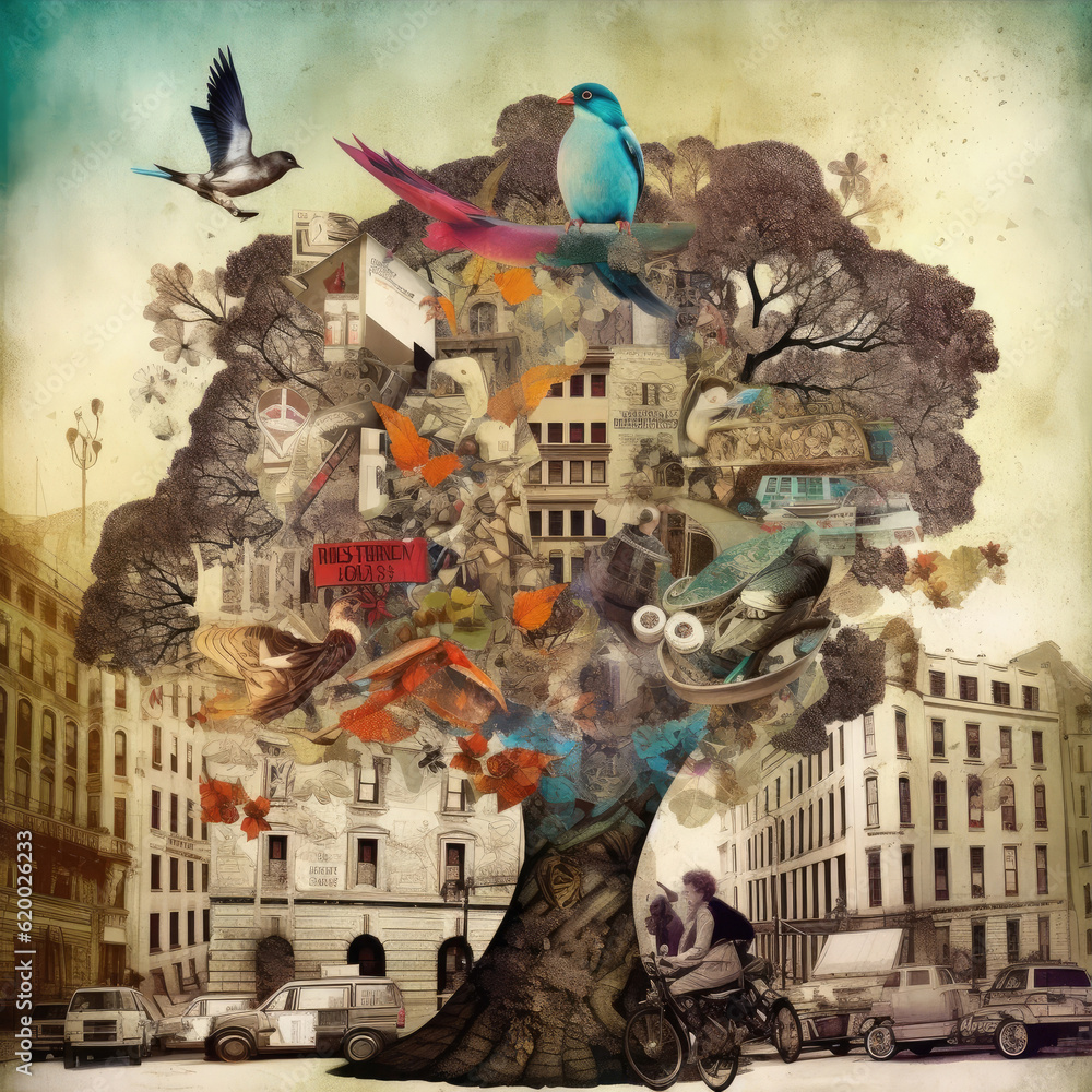Surreal dreamscape comes alive: Enchanting collage merges colossal tree with bird-like branches amidst bustling city. Digital art collage blending vintage photographs and vibrant abstract elements