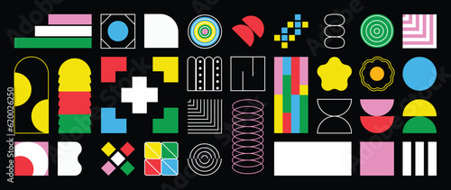 Set of abstract retro geometric shapes vector. Collection of contemporary figure, star, flower, line in 70s groovy style. Bauhaus Memphis design element perfect for banner, print, stickers, decor. 
