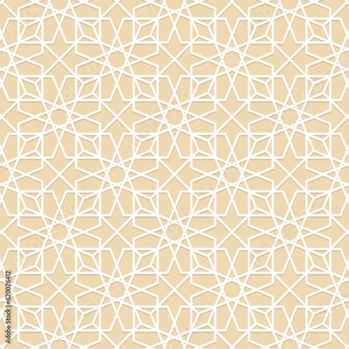Islamic Star Gold Pattern. Seamless geometric pattern. Islamic pattern. arabic, persian motif, 3D. Ramadan Kareem gold greeting card, banner. geometric ornate, shining vector illustration.