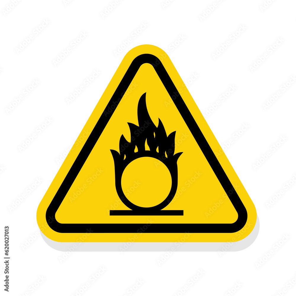 ISO Triangle Warning Sign: Oxidizing Flame Over Circle Symbol ISO Triangle Warning Sign: Oxidizing Flame Over Circle Symbol