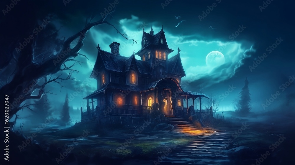 Halloween black castle in full moon night scene. AI Generative.