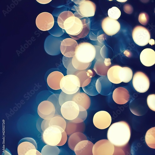 Christmas garland bokeh lights over dark blue background