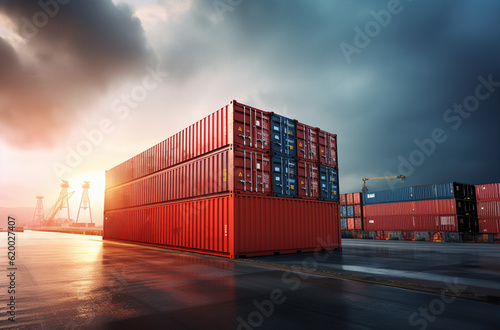 cargo shipping container working at sea port logistic busi. AI Generative.