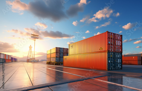 cargo shipping container working at sea port logistic busi. AI Generative.